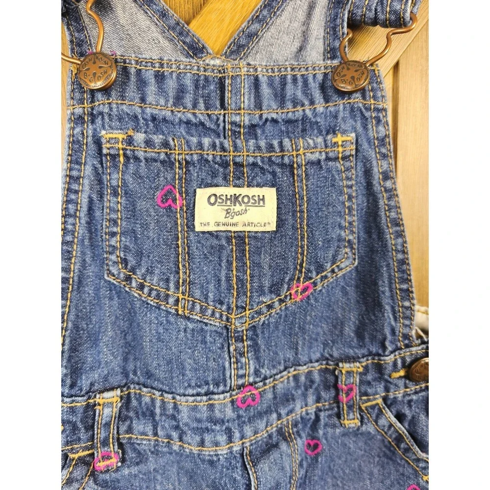 OshKosh B'Gosh Girls 4T Denim Overalls Pink Heart Embroidered Bib Jeans
